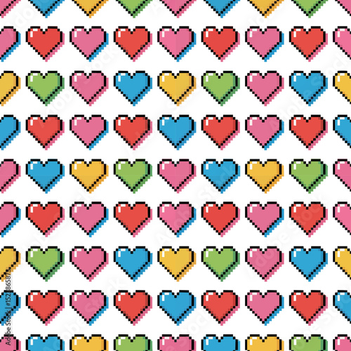 Repeating pattern of colorful pixel hearts on transparent background, concept for pixel art, game design, and digital illustration
