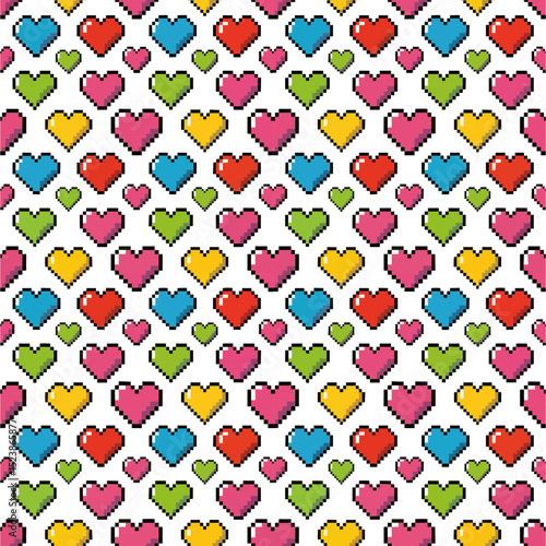 Pixelated hearts in vibrant colors on a transparent background, concept for game design, app interface, or textile print