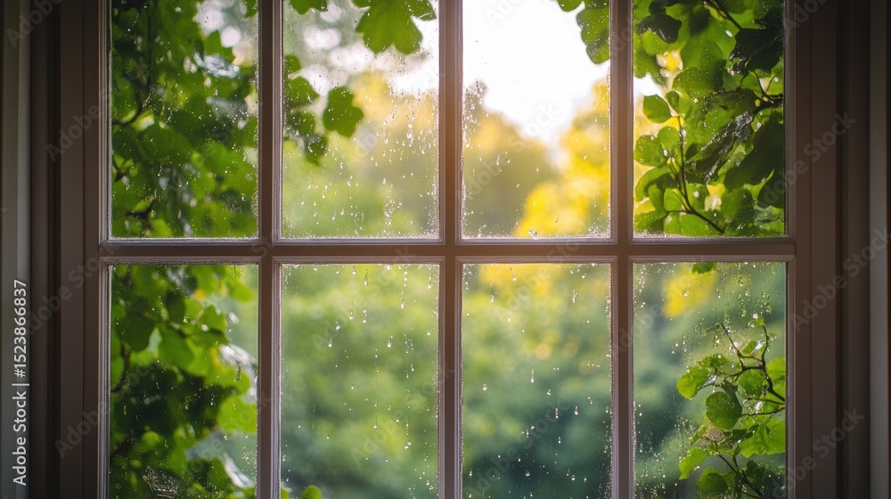 Naklejka premium Rain drop on window glass with blur nature tree background,Summer rain,Rain drops on window glass outdoors. Texture of water in heavy rain,Water drop steam,space for text.