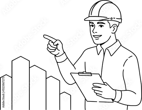 Construction worker pointing at cityscape building plan
