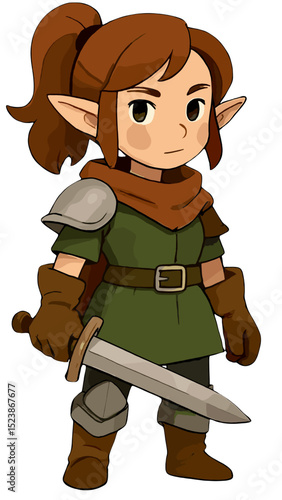 Chibi Elf Warrior With Sword in Battle Armor Fantasy Game Character Design Line Art Graphic Design 