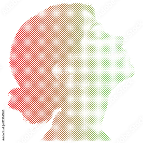 Halftone gradient dots pattern of a woman breathing relaxing with eyes closed enjoying peace