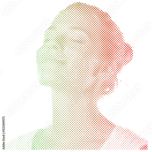 Halftone gradient dots pattern of a woman breathing relaxing with eyes closed enjoying peace