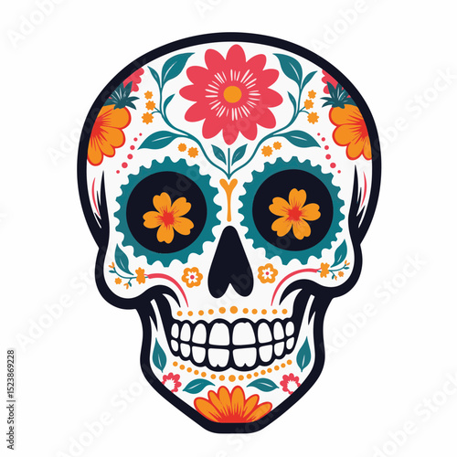 Vibrant sugar skull with floral patterns on white background, celebration