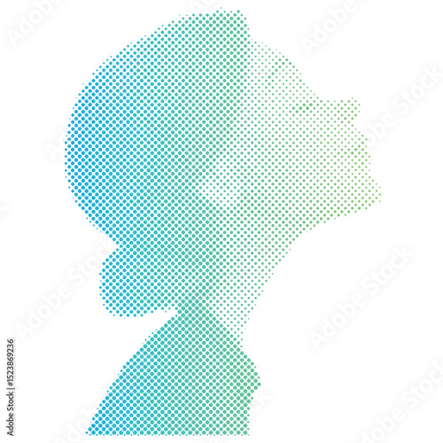 Halftone gradient dots pattern of a woman breathing relaxing with eyes closed enjoying peace
