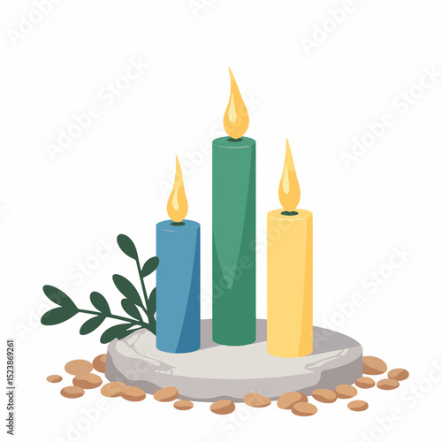 Minimalist candle altar with earth-tone pebbles, serene ambiance