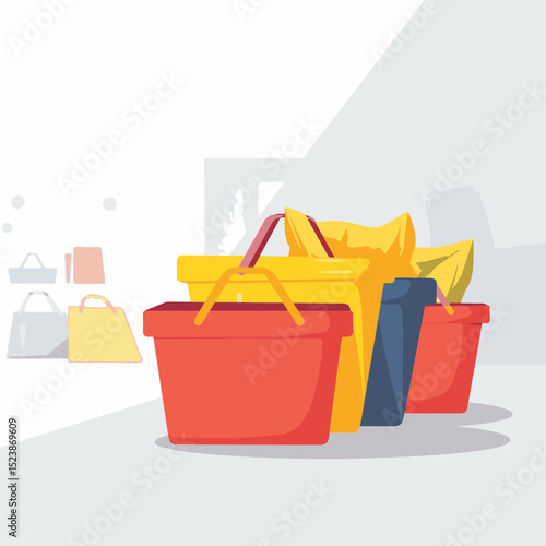 Colorful geometric shopping baskets in minimalist store environment, retail concept