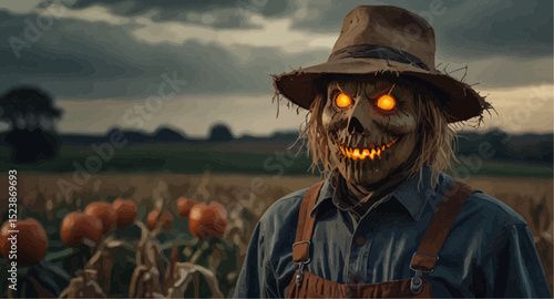 A scarecrow with glowing eyes stands ominously in a dark field, surrounded by tall grass under a twilight sky.  