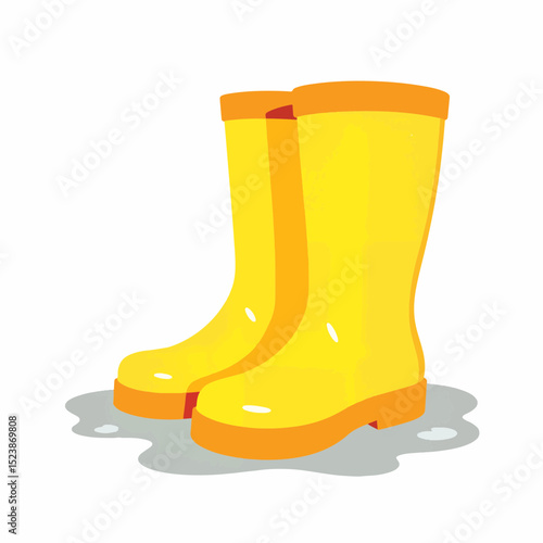 Bright yellow rain boots in puddles, playful water theme