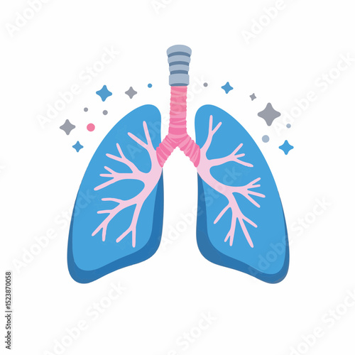 Stylized lungs illustration with bronchial tubes and air particles, life symbol