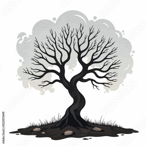 Solitary twisted tree with skeletal branches in desolate field, isolation