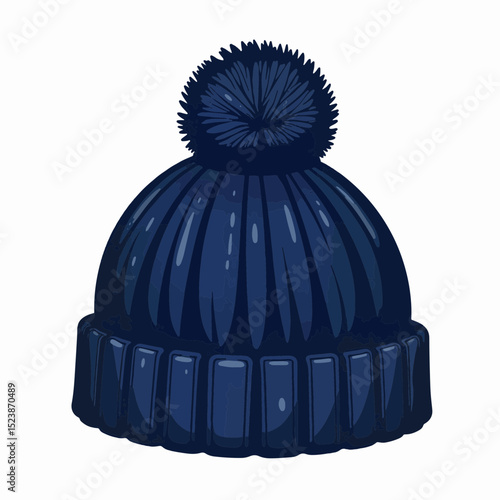 Cozy navy blue knit hat with pom-pom on white background, winter warmth