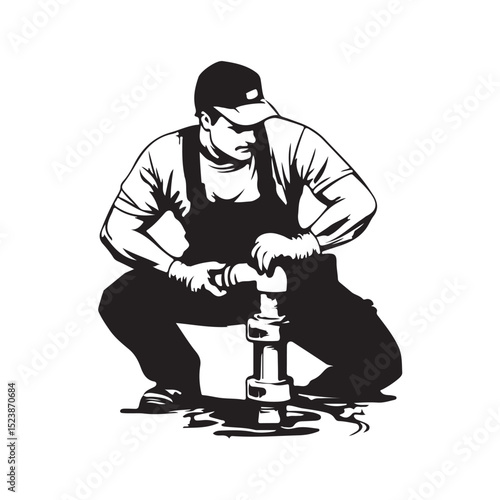 Vector illustration of a plumber technician working on pipes, demonstrating repair and maintenance activities.