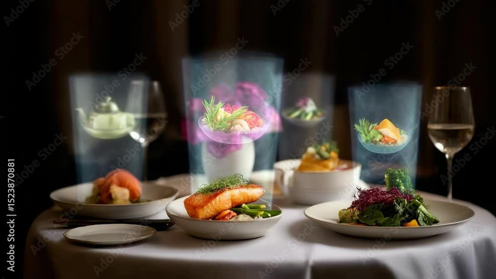 Holographic food display on dining table Holographic food display on dining table