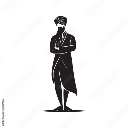 A detailed vector illustration of a Muslim man wearing a turban and traditional Islamic clothing. This design represents Islamic identity, cultural tradition, and spirituality