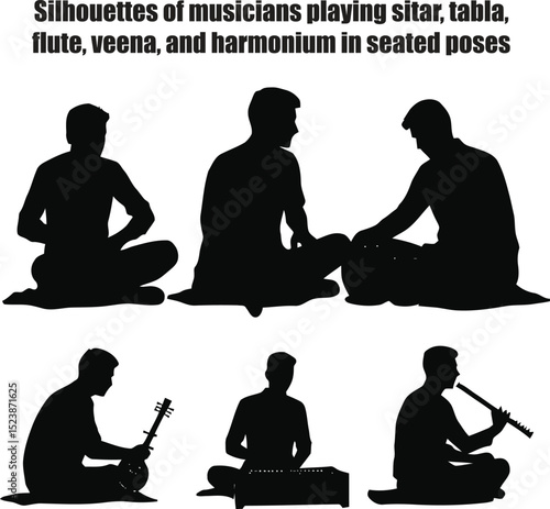 Silhouettes of musicians playing sitar, tabla, flute, veena, and harmonium in seated poses