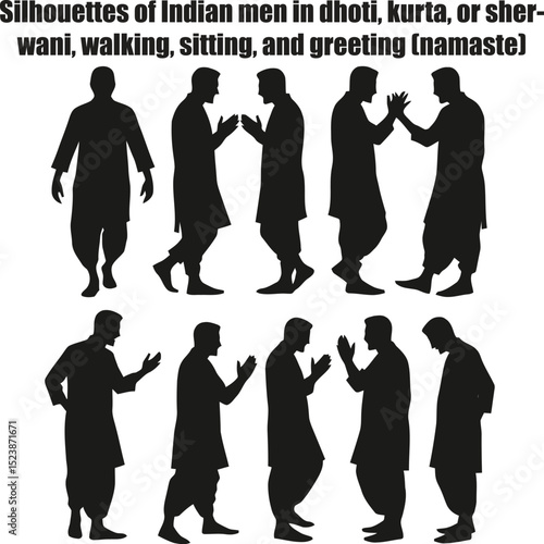 Silhouettes of Indian men in dhoti, kurta, or sherwani, walking, sitting, and greeting (namaste)