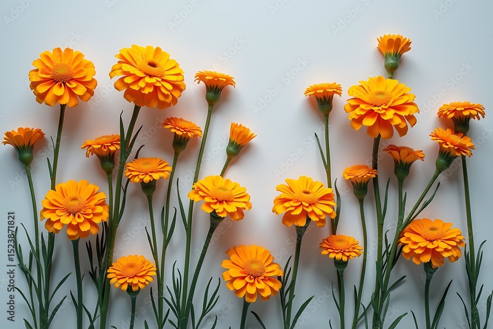 Fototapeta premium Marigold flowers with tails artistically arranged in flat-lay style, minimal design with smooth surface view, flowers pattern