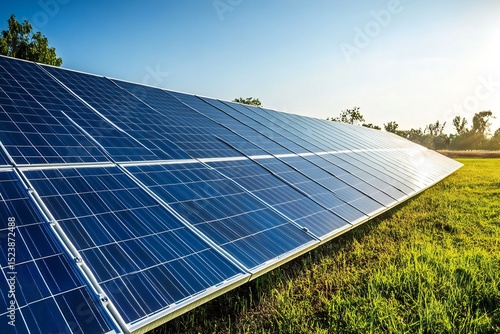 Solar Panels in a Vast Field Reflecting Clear Sky, Symbolizing Renewable Energy and Eco-Friendly Technology