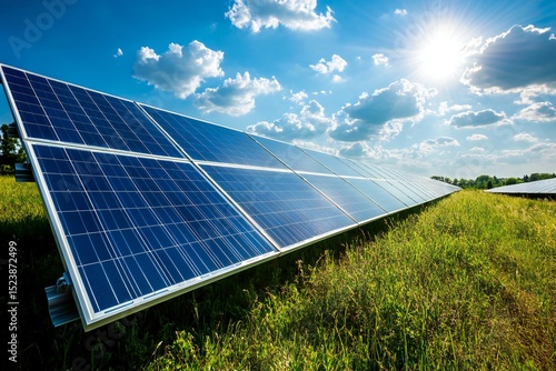 Solar Panels in a Vast Field Reflecting Clear Sky, Symbolizing Renewable Energy and Eco-Friendly Technology
