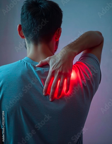 Individual touching painful shoulder with red glow indicating inflammation or tension