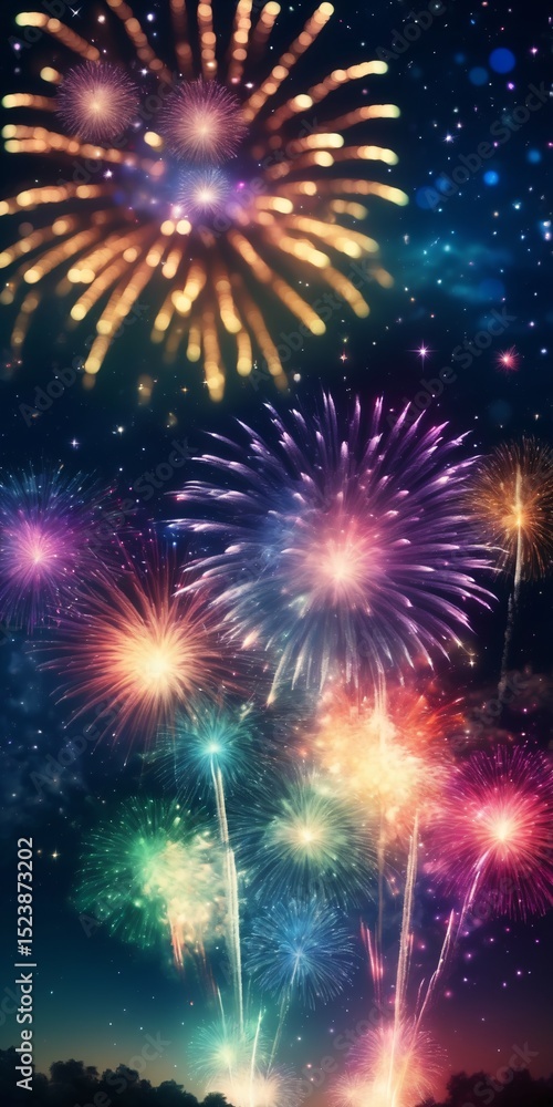 Fototapeta premium Dazzling display of fireworks bursting in a variety of colors against the night sky, symbolizing celebration festivity