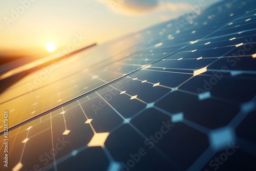 Solar Panel Converting Sunlight into Electricity with Abstract Energy Waves and Futuristic Power Grid