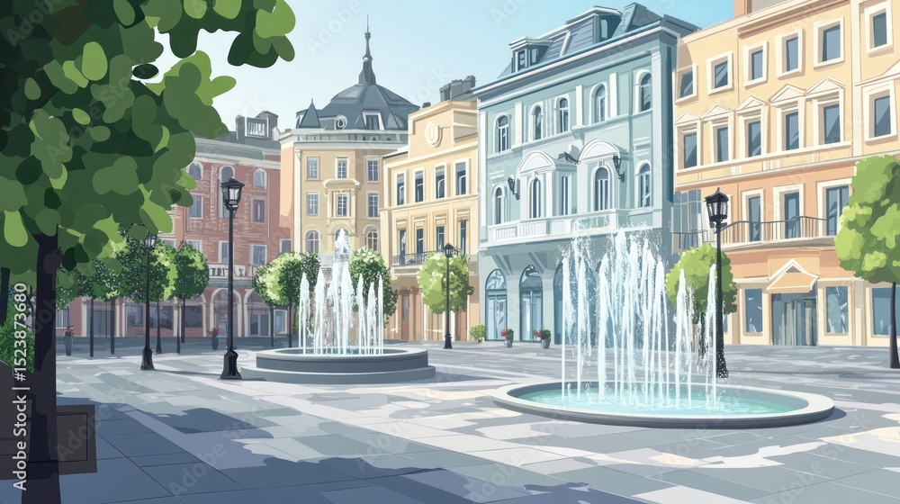 Obraz premium European city square with fountains