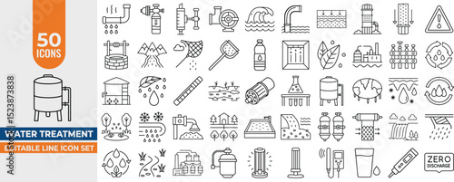 Water Treatment & Filtration Icons – 50 Editable Line Vector Symbols for Hydration, Sewage, Plumbing, Faucet, and Recycling