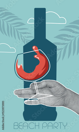 Flat design, outline drawing of a bottle of wine, hand with a glass. Beach party in the tropics, drinks, red wine, sommelier, white, merlot