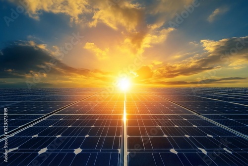 Solar Panels Absorbing Sunlight with Glowing Energy Lines and Bright Sun in the Background