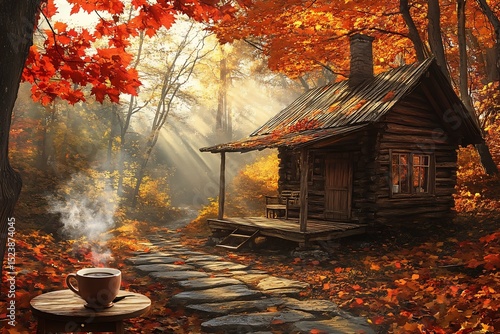Rustic Wooden Cabin in Autumn Forest with Colorful Leaves and Warm Sunlight