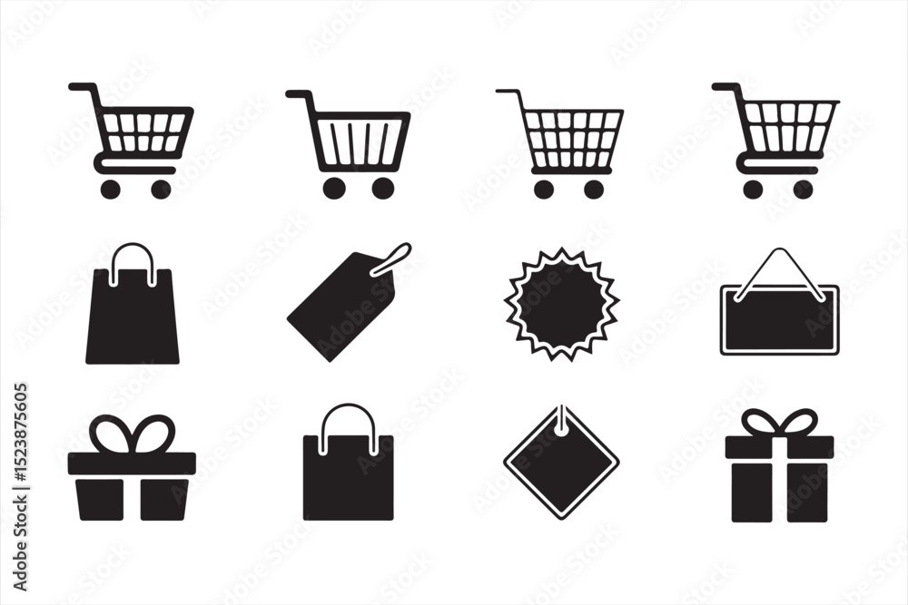 Minimal Shopping Cart, Bag, and Gift Icon Pack with Sale Tags and Blank Labels for UI and Marketing Use Minimal Shopping Cart, Bag, and Gift Icon Pack with Sale Tags and Blank Labels for UI and Marketing Use