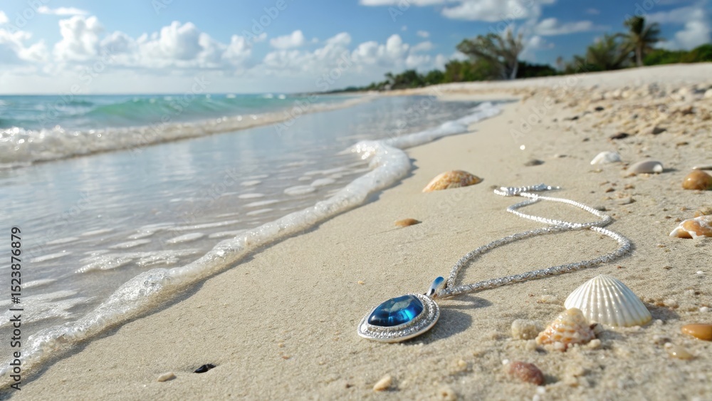 Beautiful silver necklace with blue gem resting on sandy beach near ocean waves under a sunny sky Beautiful silver necklace with blue gem resting on sandy beach near ocean waves under a sunny sky