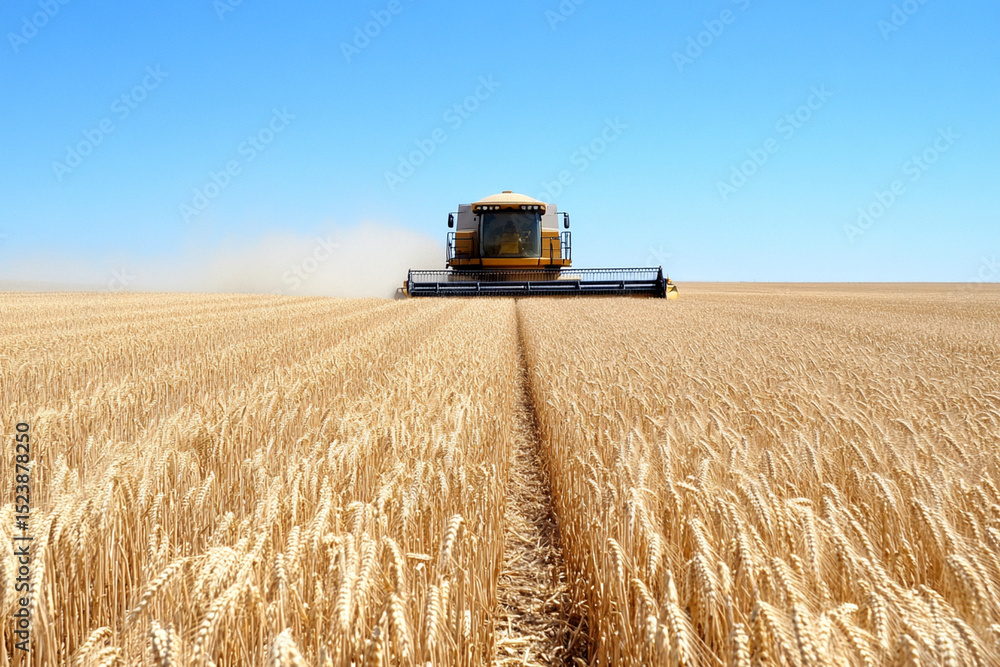 Fototapeta premium Combine harvester harvesting wheat in a golden field under clear sky