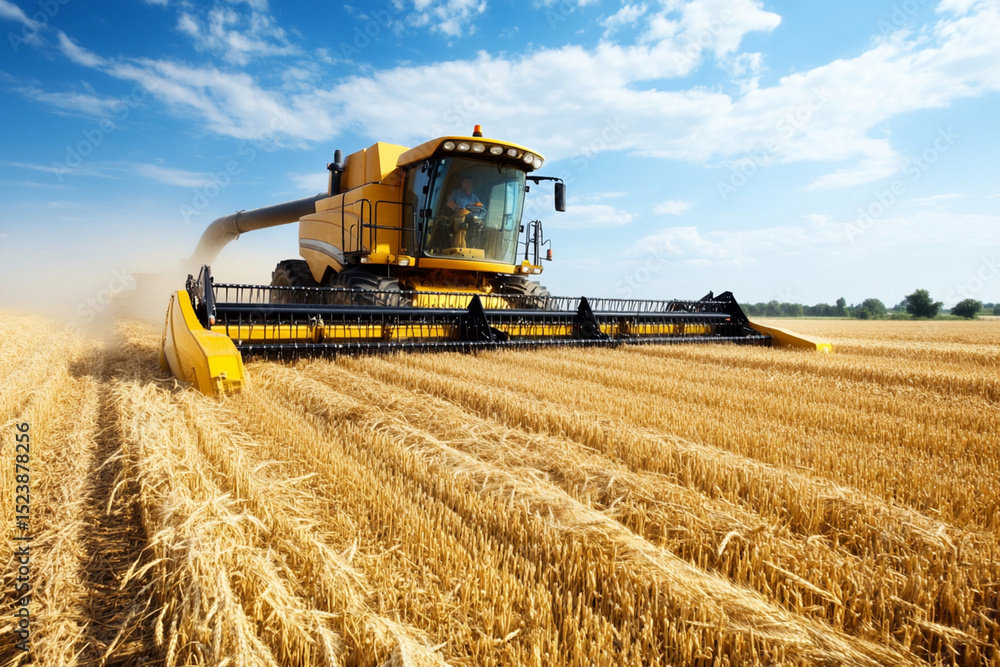 Obraz premium Combine harvester working through golden wheat fields under blue sky