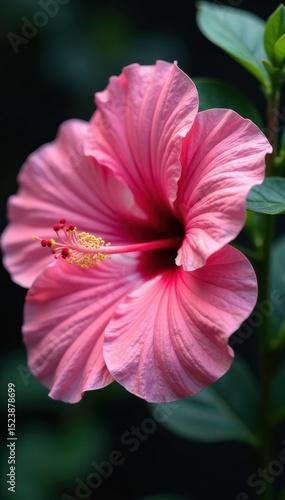 Fully opened pink hibiscus, showing stamen, dew drops, vibrant, aesthetic, background