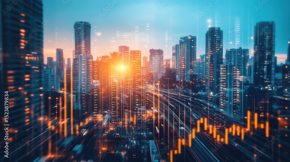 Urban Skyline Sunrise with Data Overlay Urban Skyline Sunrise with Data Overlay
