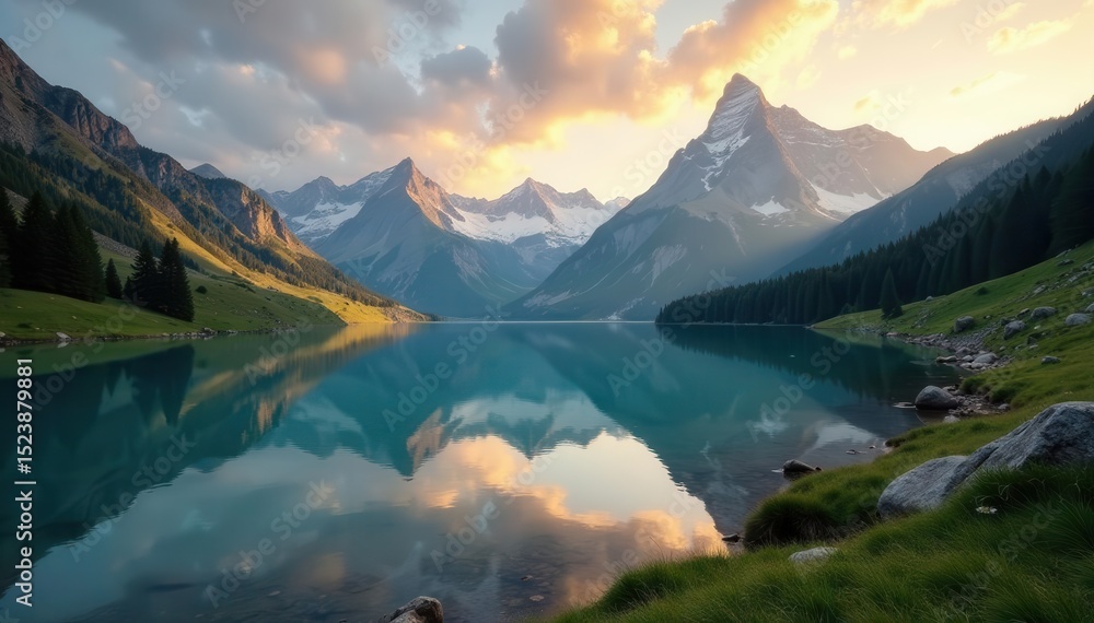 Fototapeta premium Golden light bathes lake, sharp Tatra peaks in background, forest, breathtaking, trees