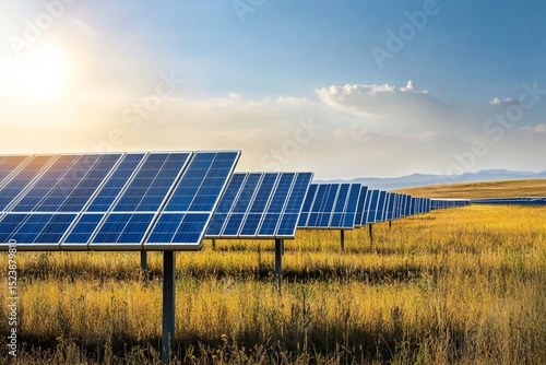 Solar Panels in a Vast Field Reflecting Clear Sky, Symbolizing Renewable Energy and Eco-Friendly Technology