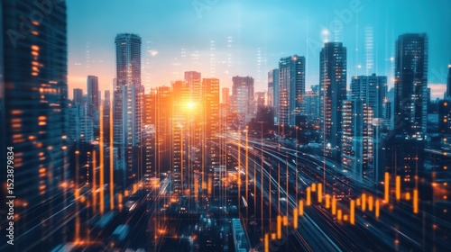 Urban Skyline Sunrise with Data Overlay