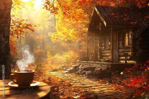 Rustic Wooden Cabin in Autumn Forest with Colorful Leaves and Warm Sunlight