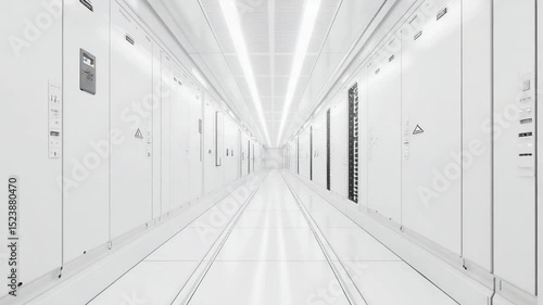A clean, white server room hallway.  Rows of  equipment enclosures line both sides of a wide, empty corridor