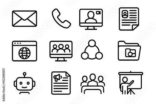 Business and technology icons featuring communication and digital tools
