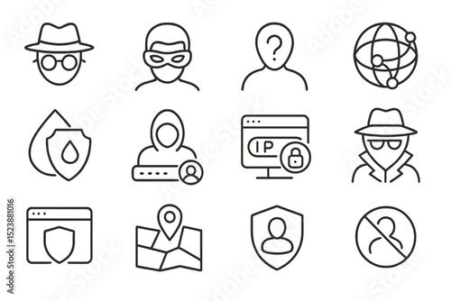 Cybersecurity and privacy icons featuring masked figures and digital symbols