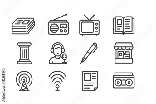 Vintage media icons: radio, tv, books, and more on metallic background