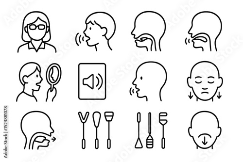 Speech therapy icons illustrating techniques and tools for vocal improvement