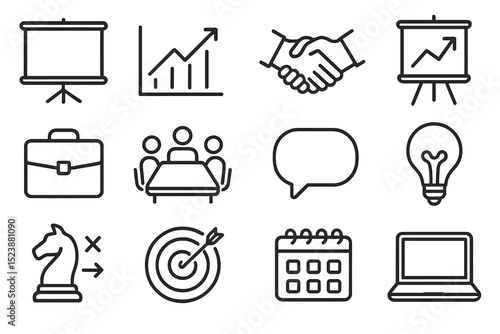 Business concepts icons: charts, handshake, briefcase, meeting, ideas
