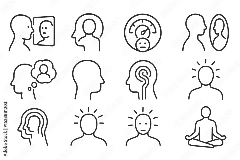 Minimalist line art icons depicting mental health and meditation themes Minimalist line art icons depicting mental health and meditation themes