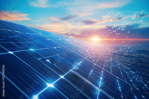 Solar Panel Converting Sunlight into Electricity with Abstract Energy Waves and Futuristic Power Grid